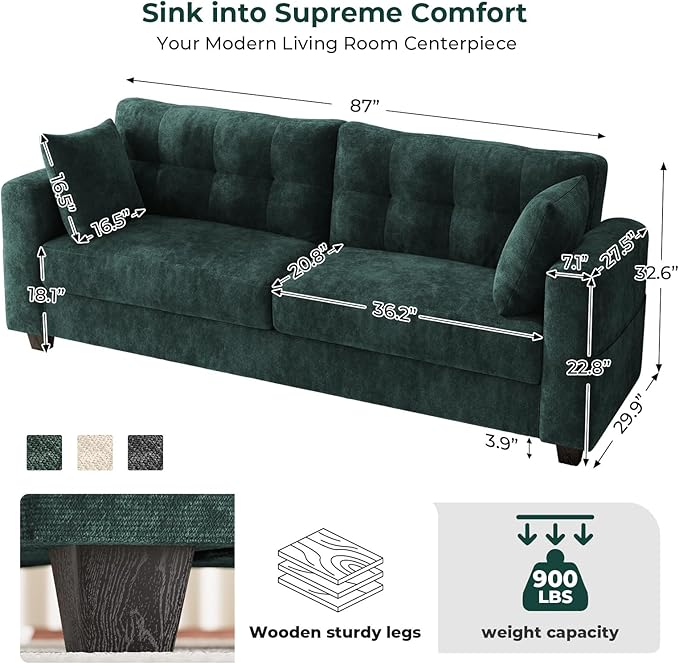 87" Loveseat Sofa for Living Room, Modern Chenille Cloud Couch with USB/Type-C Charging Ports, Side Pockets, Removable Cover, Wide Armrests, Small Couch for Small Space, Easy Assembly, Green
