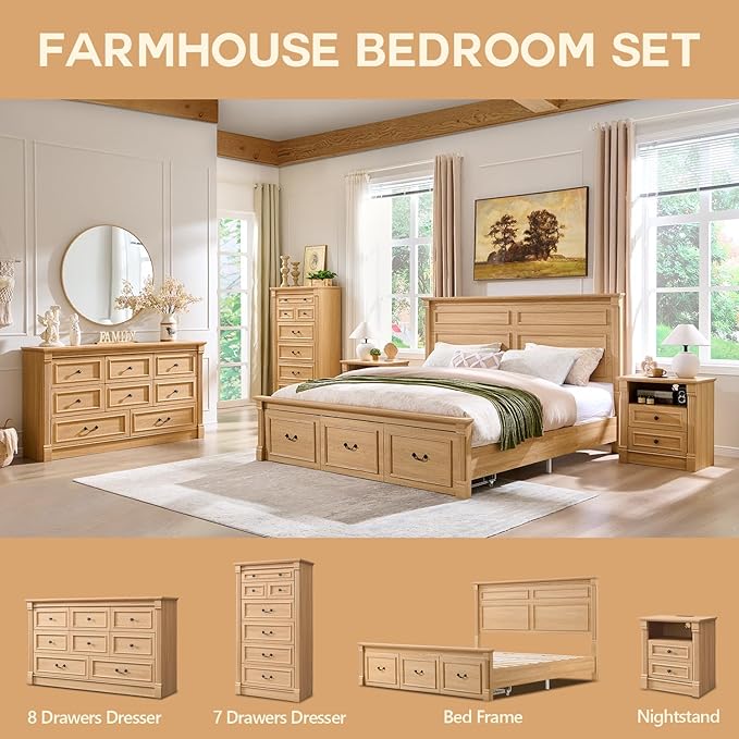 Aitjunz Farmhouse King Size Bed Frame with 51" Tall Headboard, Wood Platform Bed Frame with 20" Tall Roman Column Decoration Footboard & 3 Large Storage Drawers, No Box Spring Needed (Natrual)