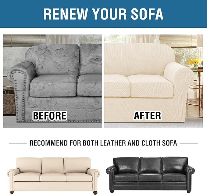 H.VERSAILTEX 4 Piece Stretch Sofa Covers for 3 Cushion Couch Furniture Slipcovers for Living Room (1 Base Cover Plus 3 Seat Cushion Covers) Jacquard Fabric Cover (XL Sofa, Cream)