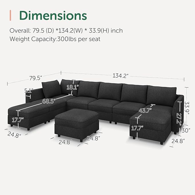 HONBAY Modular Sectional Sofa with Storage, U Shaped Couch Modular Convertible Sectional Couches for Living Room - Linen Grey