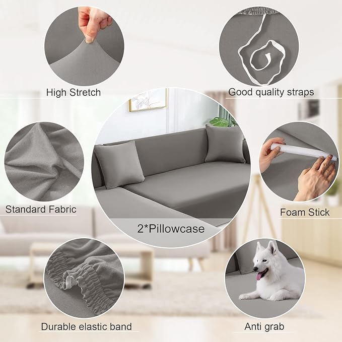NAISI Couch Cover L Shape 2 Pieces Sofa Cover Soft Stretch Slipcovers with 2pcs Pillowcases Furniture Protector Sectional Couch Covers 3 Seater + 3 Seater(Silver Grey)