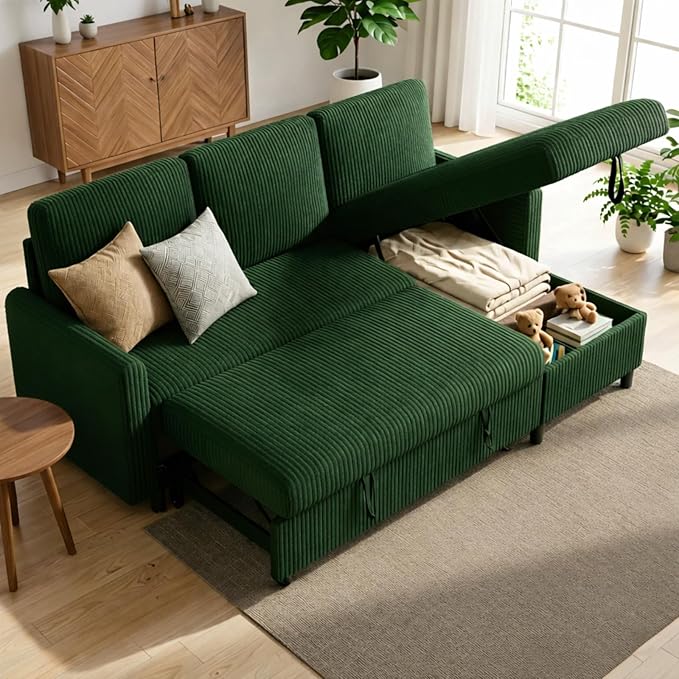 JAMFLY Pull Out Sleeper Sectional Sofa, L Shaped Corduroy Couch with Hidden Storage, Convertible Sofa Bed for Small Living Rooms and Apartments, Green