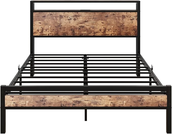 BOFENG Full Size Bed Frame with Storage Headboard,USB Charging Station,Metal Platform Double Bed Frame Full Size,Reinforced Steel Slats Support,No Box Spring Needed,Noise Free,Rustic Brown