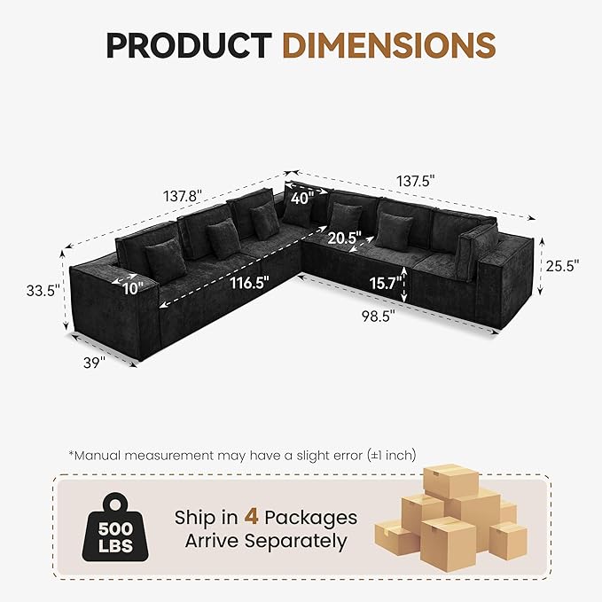138'' Boneless Chenille L Shaped Couch, Oversized Modular Sectional 7 Seater Sofa, Modern Deep Seat Corner Cloud Compressed Couch, No Assembly Sleeper Sofa with Chaise for Living Room, Black