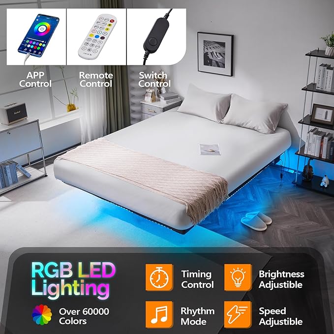 VINGLI 14 Inch Floating Bed Frame Full with USB Charging Station/LED Lights, Double Platform Guest Bed, Heavy Duty Metal Bed Base, No Box Spring Needed,Black