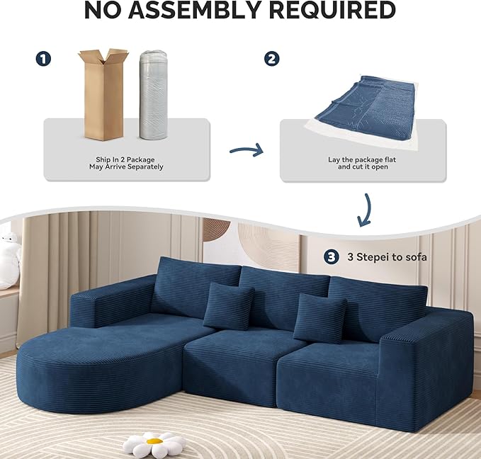 Boneless Couches for Living Room,Cloud Sectional Couch with L-Shape Chaise,Modern Modular Sofa with Deep Seat Upholstered Comfy Couches for Bedroom,No Assembly Required,1PCS