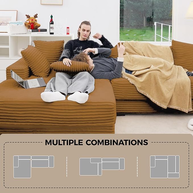 111'' Modular Sectional Cloud Couches with Chaise, L Shaped Extra Large Sleeper Couch Reversible Fluffy Corduroy with 8pcs Pillows for Living Room(Brown Left Facing Chaise)