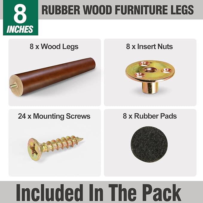 FoDau770 Brown Rubber Wood Furniture Legs 8 Inches, Straight Tapered Wood Feet Mid Century Sofa Legs Set of 8, 5/16" UNC Furniture Feet for Cabinet Couch Dresser Chair Ottoman Table