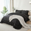 ANGIYUIN Black Queen Size Ruffle Bedding Set 5 Pieces Lightweight Double Ruffled Bed in A Bag Solid Farmhouse Comforter Sets Soft Microfiber Bed Set for Women Men(Black Queen)