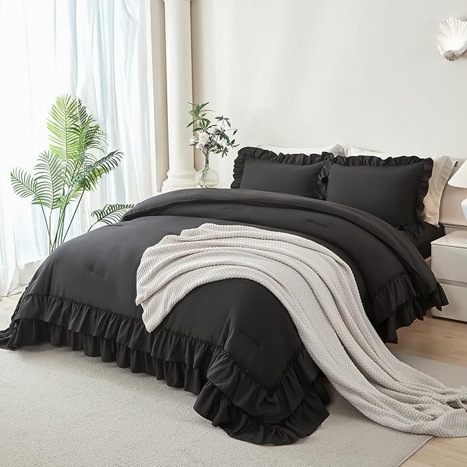 ANGIYUIN 5Pcs Black King Size Bed in A Bag Double Ruffled Comforter Sets Lightweight Shabby Chic Bedding Sets Soft Fluffy Bedding Comforter Set with Sheets for Women Men(Black King)