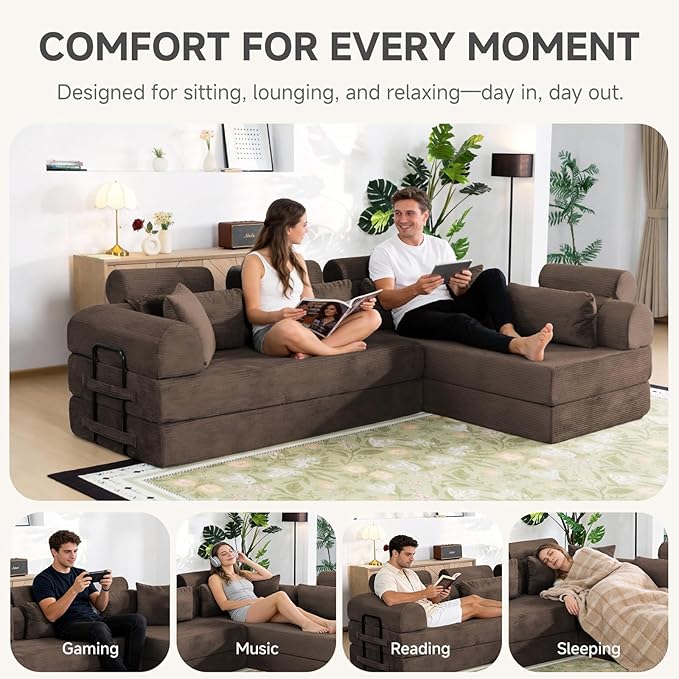Boneless Sectional for Small Spaces, 106” L Shaped Couch from Two 70.87” Modules, Reconfigures to 141.7” Straight Sofa, Corduroy Compressed Couch in a Box with Headrest Back Pillows, Brown