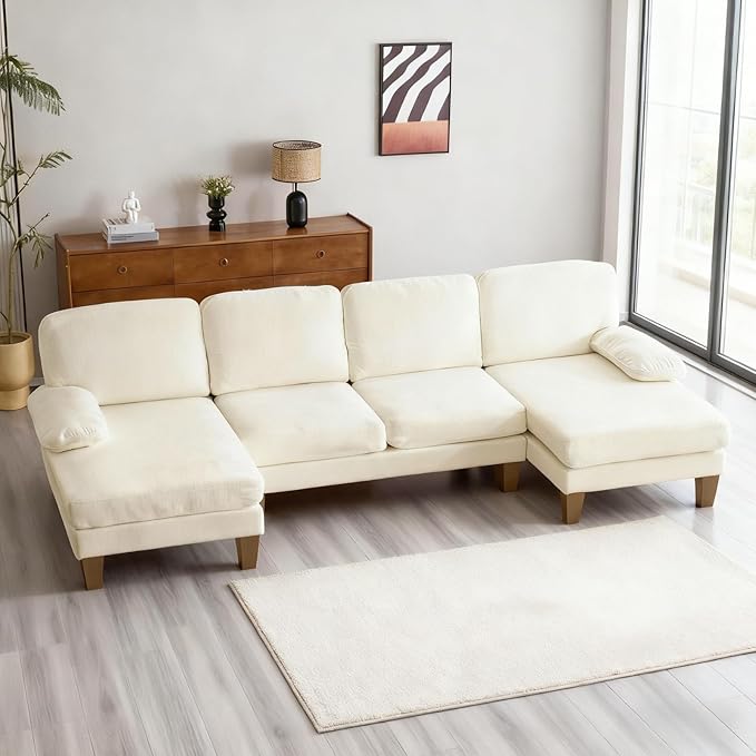 Karl home 111" Sectional Sofa U-Shaped 4-Seat Couch with Chaises Wood Grian Legs Chenille Fabric Upholstered for Living Room, Apartment, Office, Beige