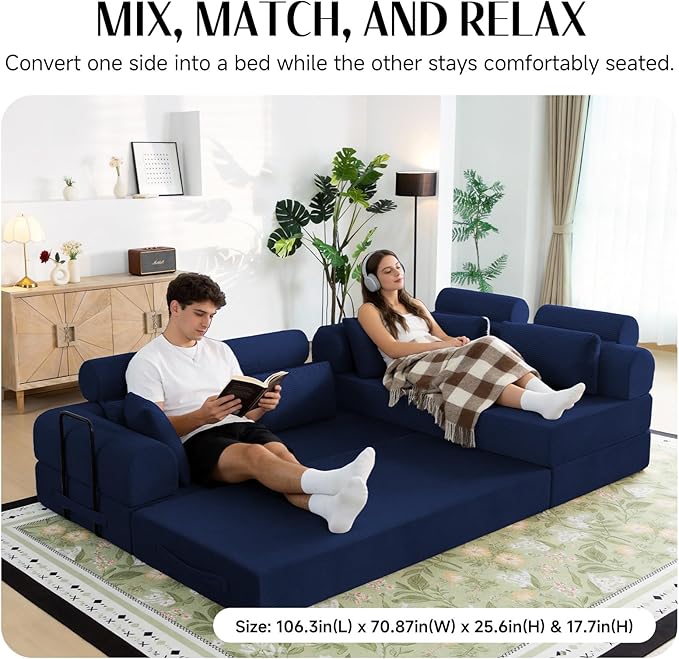 106" L-Shaped Modular Boneless Couch, 2-Piece System (2×70.87"), Convertible Sectional to 141.7" Straight Sofa, Corduroy Couch in a Box, Headrest & Back Pillows for Living Room, Navy Blue