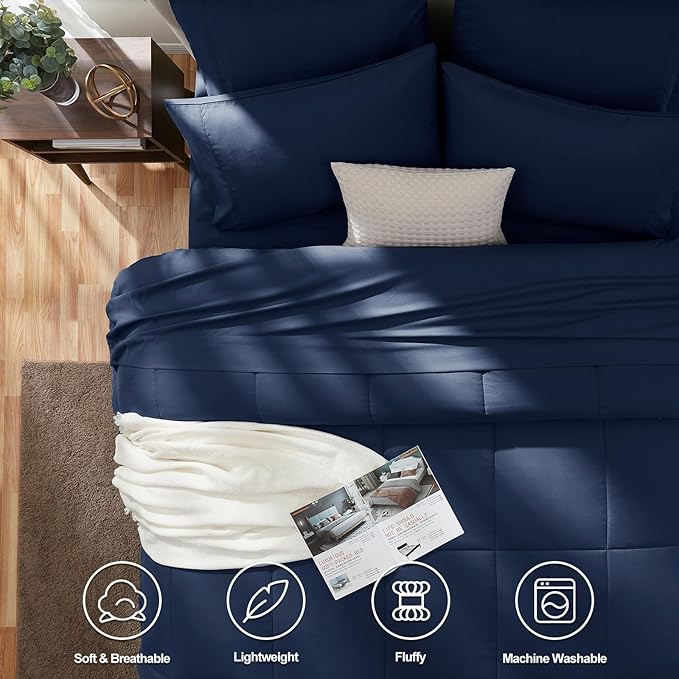 CozyLux Queen Comforter Set Navy Blue, 7 Pieces Bed in a Bag, Blue Comforter Queen Size, All Season Bedding Sets with Stitch Quilted Comforter, Flat Sheet, Fitted Sheet, Pillowcases