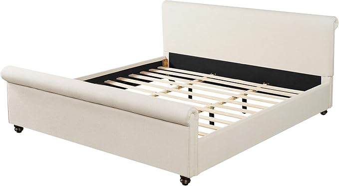 Christopher Knight Home Chenzi Linen Upholstered King Bed Frame and Headboard with Footboard, Wooden Platform King Size Bed Frame and Double-Layer Oval Legs, No Box Spring Needed, Beige