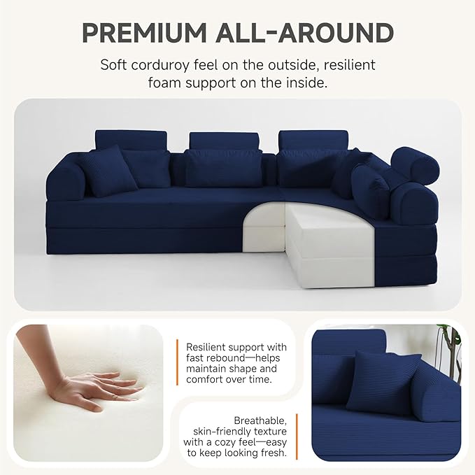 106” L Shaped Boneless Sectional Couch, Two 70.87” Pieces Convert to 141.7” Extra Long Straight Sofa, Corduroy Couch in a Box with Headrest and Back Pillows for Apartment Living Room, Dark Blue