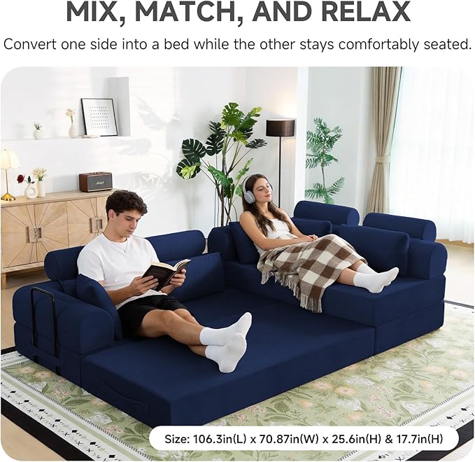 106” L Shaped Boneless Sectional Couch, Two 70.87” Pieces Convert to 141.7” Extra Long Straight Sofa, Corduroy Couch in a Box with Headrest and Back Pillows for Apartment Living Room, Dark Blue