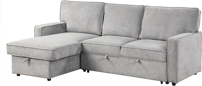 LUMISOL 89" Convertible Sleeper Sofa Bed, Modern L-Shaped Sectional Sofa with Storage Chaise, Chenille Pull Out Couch Bed with Cup Holders & Charging Station for Living Room, Gray