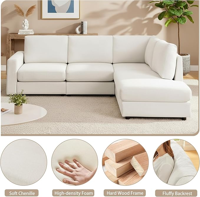 100” L-Shaped Couch with Reversible Chaise, Chenille Modular Sectional Sofa, 4-Seater Corner Couch for Living Room, Apartment, Beige