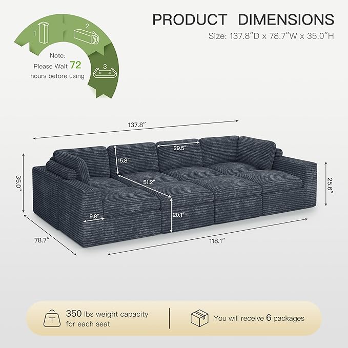 Boneless Modular Sectional Sleeper Sofa Bed Plush Corduroy Cloud Sectional Couches for Living Room with Deep Seat. Grey Couch.
