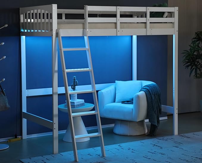 VINGLI Loft Bed Twin Size with USB Charging Station/LED, Solid Wood Single Loft Bunk Bed with Flat Rungs for Kids/Teens/Adults, 15 inches High Guardrail,Wood Slat Support No Box Spring Needed, White