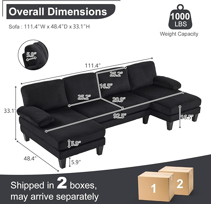 Karl home 111" Sectional Sofa U-Shaped 4-Seat Couch with Chaises Wood Grian Legs Corduroy Fabric Upholstered for Living Room, Apartment, Office, Black