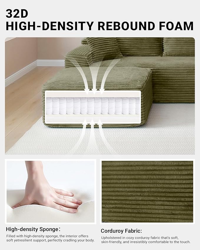 108 Inch Cloud Sectional Couch,Modern Modular Sectional Sofa with Deep Seat,Corduroy Boneless Couches with L-Shape Chaise for Living Room,No Assembly Required (Green, Right Facing Chaise + Ottoman)