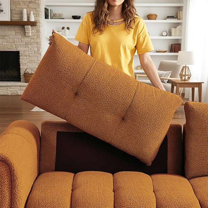 91.5" W Cloud Boucle Sofa for Living Room, Modern Comfy Boucle Couch with Rolled Arms and Soft Pillows, Teddy Oversized Loveseat for Apartment, Studio, Bedroom, Orange