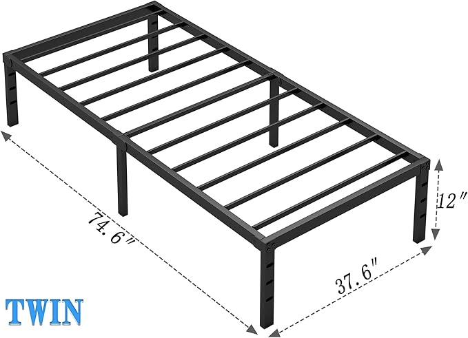 Metal Bed Frame,Twin Size Bed Frame with Storage Space,Heavy Duty Sturdy Mattress Foundation,Easy Assembly,No Box Spring Needed, Black,12 Inch,Twin