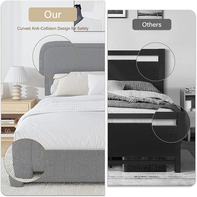 BarnFurin Twin Size Bed Frame, Boucle Upholstered Platform Bed Frame with Headboard, Soft Rounded Corners, No Box Spring Required, Non-Slip and Noise-Free, Easy Assembly, Light Grey