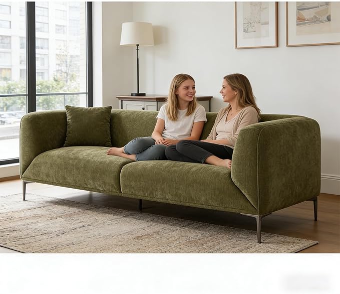 82.68" Modern Upholstered Sofa with Straight Design, Full and Soft Seating, Includes 2 Throw Pillows, 3 Seats,Fabric Couch with Metal Legs for Living Room, Office, Apartment (Green)
