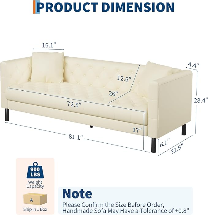 GarveeHome 81 in Leather Couch for Living Room, Modern Sofa Couch with Deep Seat and 2 Pillows, Handmade Button Tufted 3 Seater Sofa, Leather Sofa for Apartment, Office, Beige