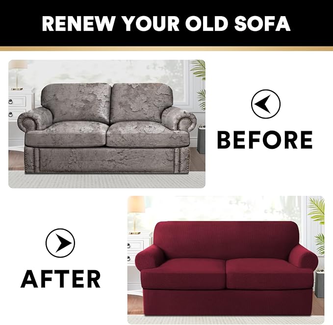 PrinceDeco T Cushion Loveseat Slipcover - 3 Pieces Sofa Cover for 2 Cushion Couch with 2 Individual T Shape Seat Covers Width Up to 76 Inch - Stretch, Machine Washable, Burgundy