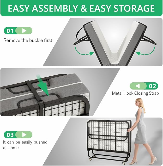 Folding Bed with Mattress for Adults, 75" x 45" Portable Twin XL Size Rollaway Bed, Metal Frame Foldable Guest Bed with Memory Foam Mattress,Deluxe Extra Beds with Side Storage Pocket