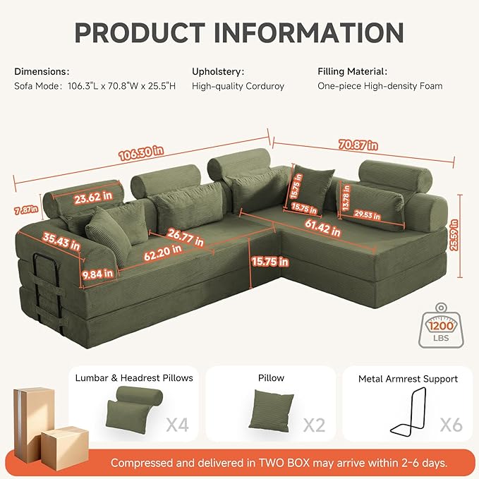 Boneless Sectional for Small Spaces, 106” L Shaped Couch From Two 70.87” Modules, Reconfigures to 141.7” Straight Sofa, Corduroy Compressed Couch in a Box With Headrest Back Pillows, Light Green