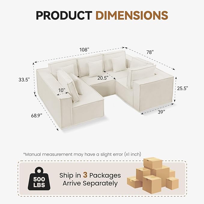 108'' Boneless Chenille U Shaped Couch, Oversized Modular Sectional 5 Seater Sofa, Modern Deep Seat Corner Cloud Compressed Couch, No Assembly Sleeper Sofa with Chaise for Living Room, Beige