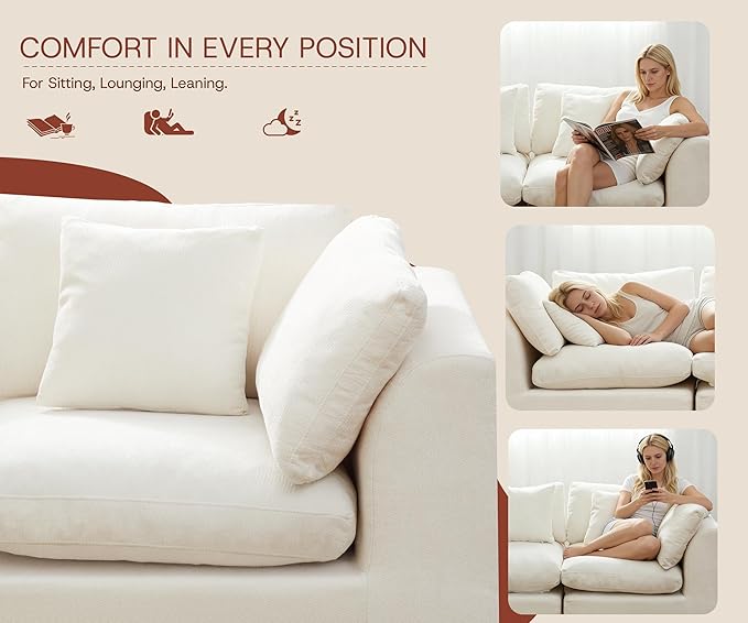 141'' Oversized Cloud Sectional Boneless Couch for Living Room, Modern Big Compressed U Shape Couch with 2 Ottoman 2 Throw Pillows, Comfy Chenille Deep Seat Memory Foam Spineless 6 Seater Sofa,Beige