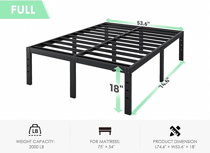 QEROMY Full Size Bed Frame - 18 in Sturdy Platform Bed Frame Full, Heavy Duty Metal Bed Frame No Box Spring Needed, Quick & Easy Assembly, No Noise, Black