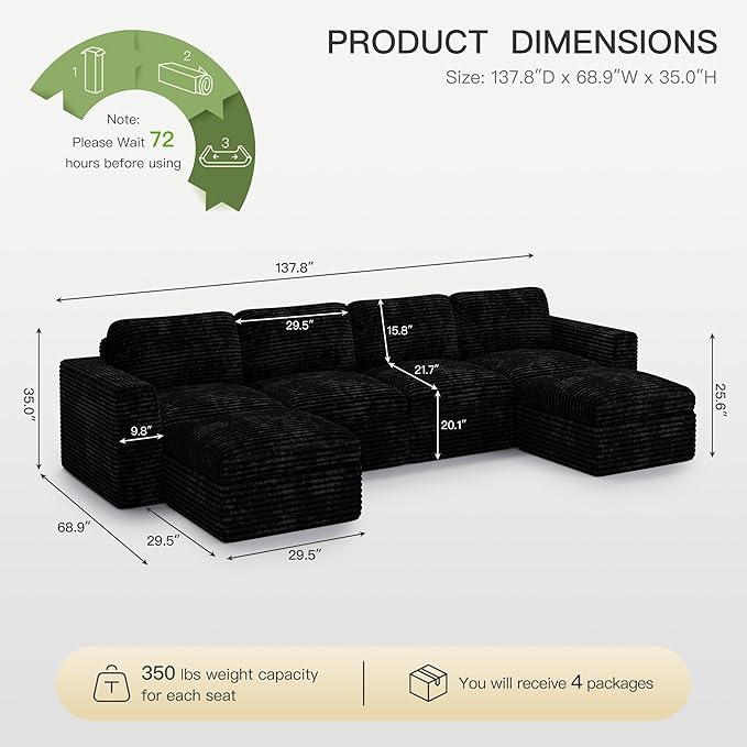 Belffin Boneless Cloud Modular Sectional Sofa with Deep Seat Plush Corduroy U Shaped Cloud Sectional Couches for Living Room No Assembly Required. Black Couch