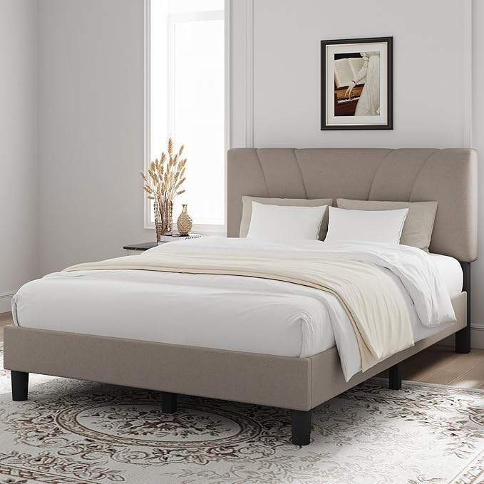 Novilla Full Size Bed Frame with Adjustable Headboard Platform Full Bed Frame with Linen Fabric Upholstered Headboard, No Box Spring Needed, Noise-Free, Wooden Slats Support, Easy Assembly, Beige