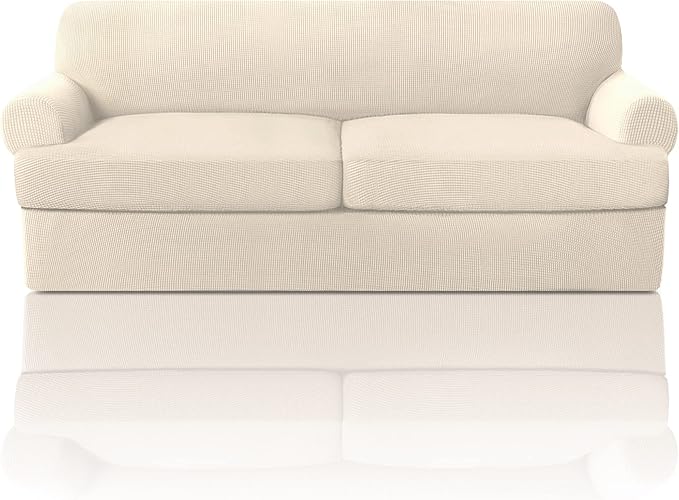 PrinceDeco T Cushion Sofa Slipcover 3 Pieces Sofa Covers for T Cushion Couch Soft Couch Covers Sofa Slip Cover Furniture Covers with 2 Individual T Shape Seat Covers Width Up to 88", Natural
