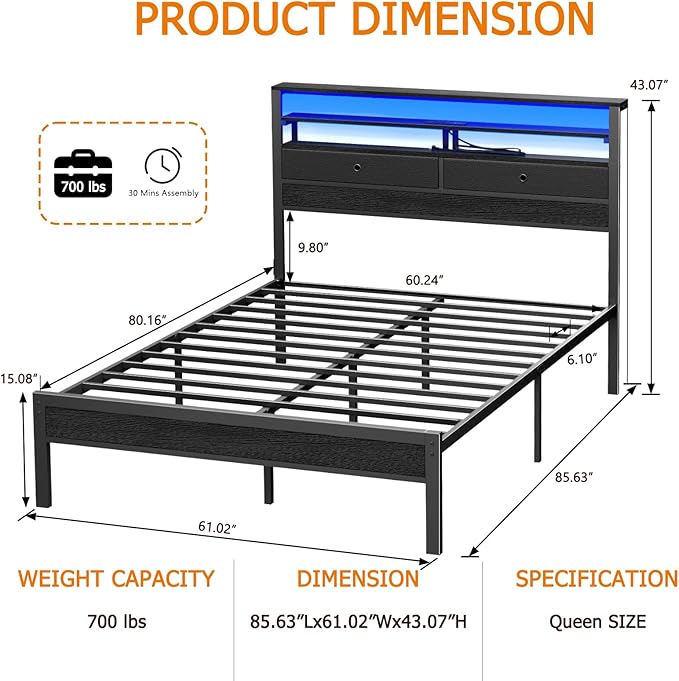 Furnulem Queen Bed Frame with Headboard & 2 Fabric Drawers, Bed Frame Queen Size Featuring LED Lights, Built-in Charging Station & Storage Shelves, Metal Slats, No Box Spring Needed – Black Oak