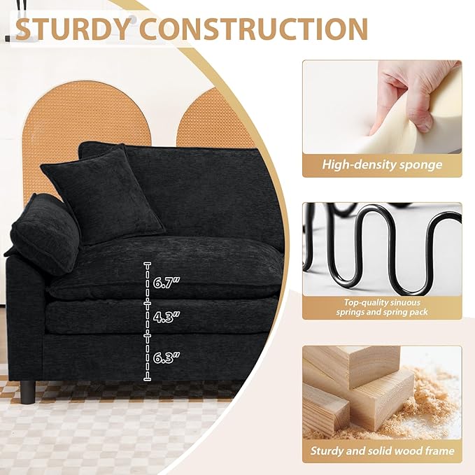 Oversized Modular Sectional Sofa, 111.8 Inch L Shaped Cloud Couch Set, 3-Seat Comfy Convertible Sofa with 1 Movable Ottoman, DIY Combination Sleeper Couch for Living Room(Chenille, Black)