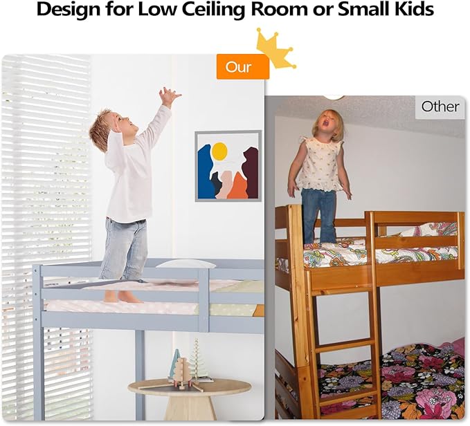 VINGLI Junior Low Loft Bed with Inclined Stairs,Gray Wood Loft Bed Full Size for Adults, Kids and Young Teens, No Box Spring Required,Wood Slat Support