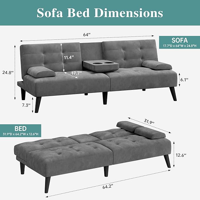 Meilocar 64" Futon Sofa Bed, Convertible Loveseat with 2 Cup Holders, Small Couch with 3 Adjustable Angles & Armrests, Sleeper Sofa for Apartment, Office, Dark Grey | small couch