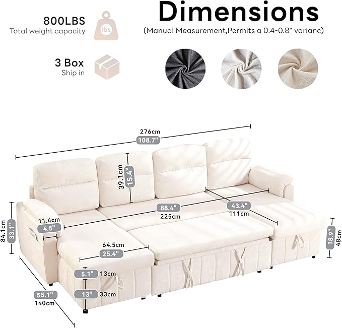 Tbfit 108'' Pull Out Sofa, Cloud Sleeper Sofa Bed with USB & 2 Storage Chaises, Comfy Oersized U Shaped Convertible Sectional Sleeper Couches for Living Room, Apartment, Office, White Sherpa