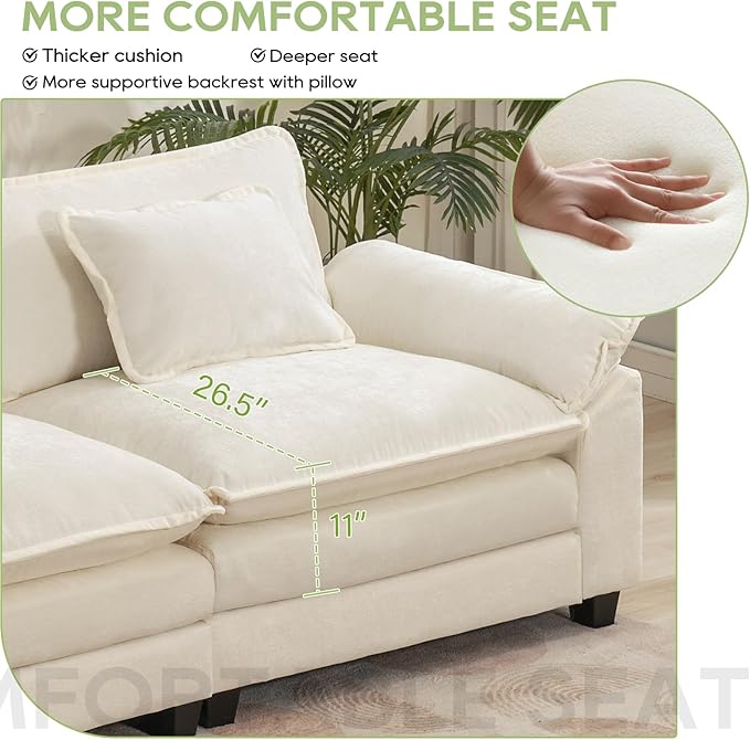 120" Modular Sectional Sofa, Comfy Cloud Couch Sectional Sofa with Ottoman, Chenille Sofa Sleeper Deep Seat Sofa with Throw Pillows for Living Room (Beige White, 120"- L Shape)