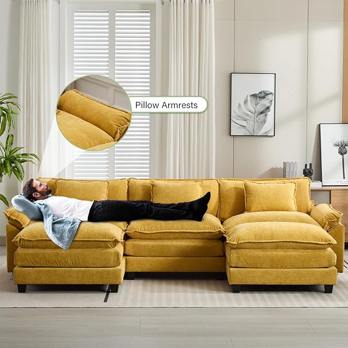120" Modular Sectional Sofa, Comfy Cloud Couch Sectional Sofa with Ottoman, Chenille Sofa Sleeper Deep Seat Sofa with Throw Pillows for Living Room (Yellow, 120"- U Shape)