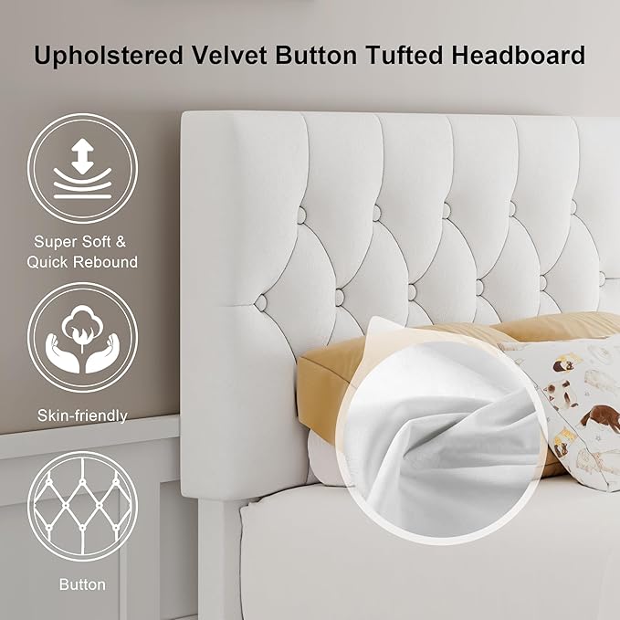 Feonase Velvet Twin Size Bed Frame with Button Tufted Headboard, Upholstered Bed with Wooden Slats Support, No Box Spring Needed, Easy Assembly, Noise-Free, White