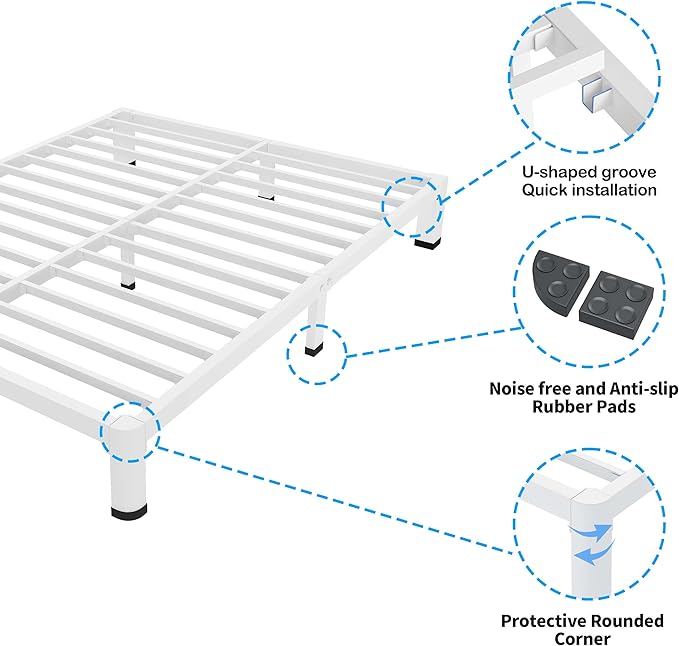 ROIL 7 Inch White Full Bed Frame with Rounded Corner and Mattress Retainers, 3500LBS Heavy Duty Steel Slats No Box Spring Needed Platform Noise-Free Easy Assembly